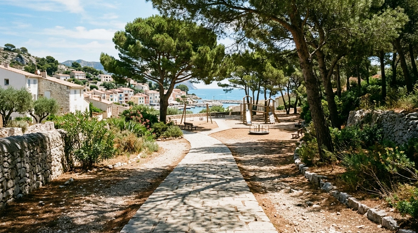 Allée goudronnée bordée de pins menant à une aire de jeux, ombre portée au sol en milieu de journée