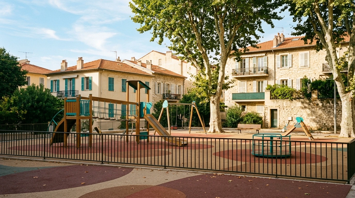 Aire de jeux d’un quartier niçois, sol amortissant et clôture basse, vue au niveau du sol
