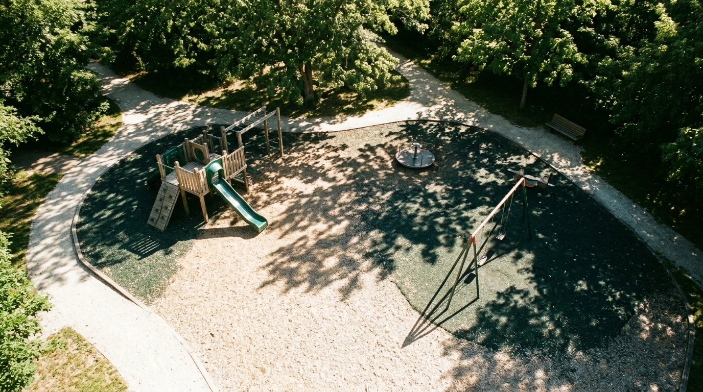 Ombre des platanes sur le sol d’une aire de jeux en milieu d’après-midi