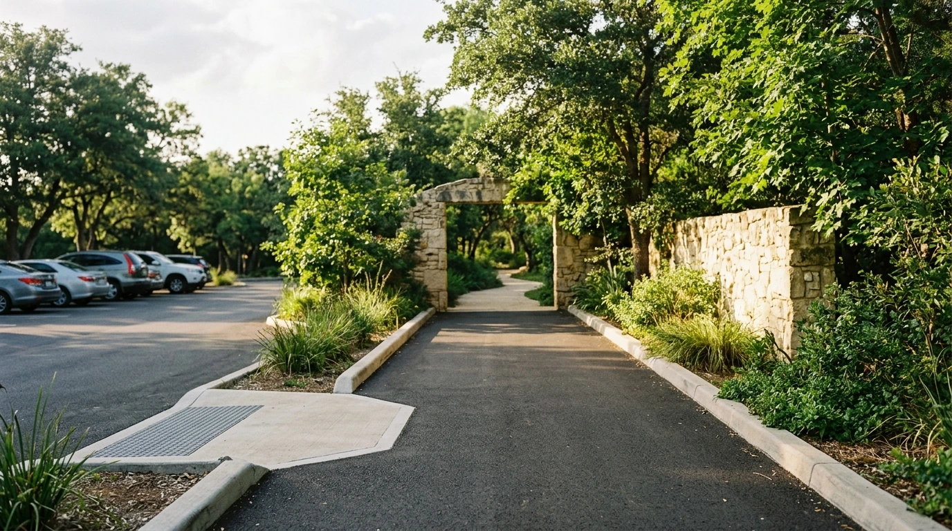 Chemin goudronné et lisse entre un parking et l’entrée d’un parc