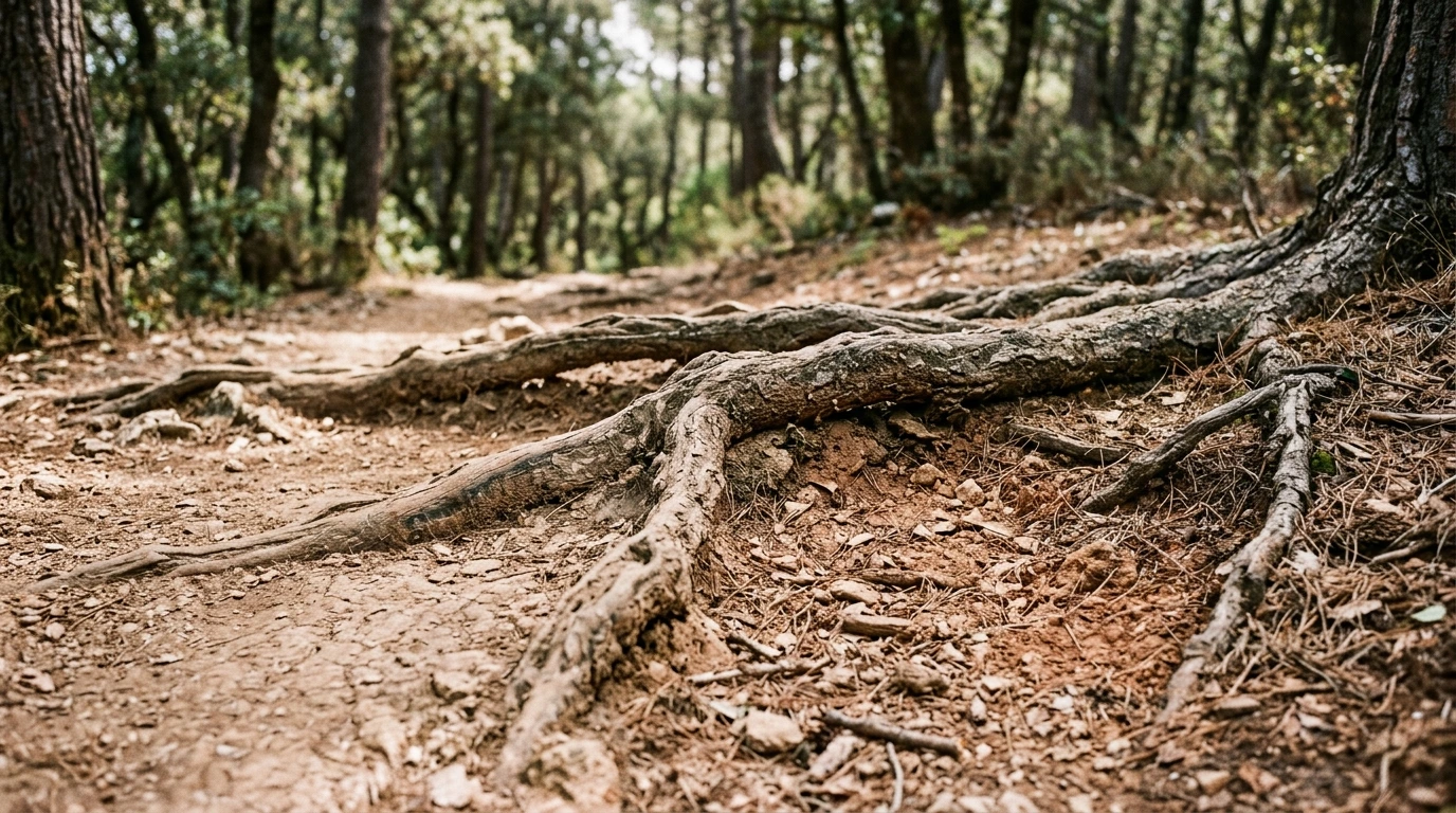 Racines traversant un sentier forestier, rupture du revêtement