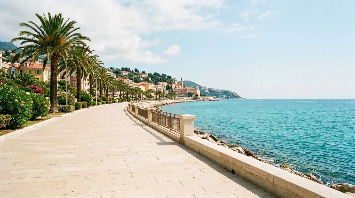 Promenade littorale au revêtement régulier, bord de mer azuréen