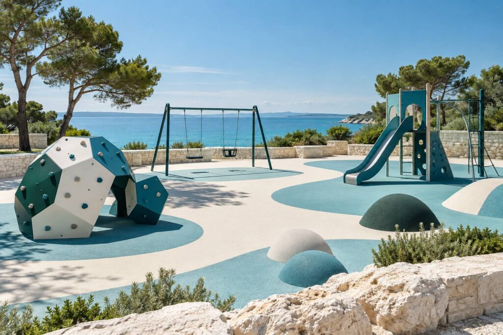 Aire de jeux extérieure ensoleillée avec sol souple et structures colorées