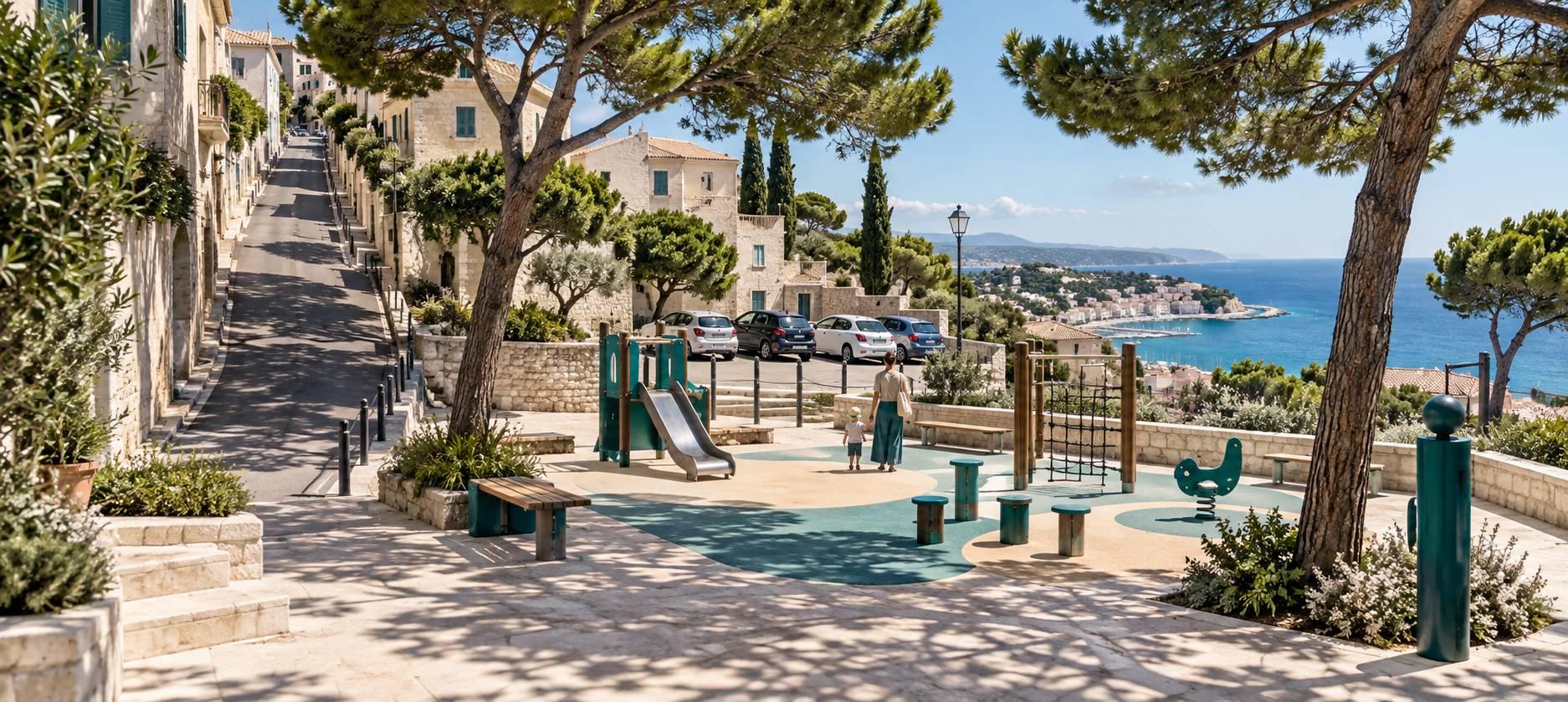 Illustration éditoriale du sujet : Aires de jeux à Grasse : accès, ombre et dénivelé du centre