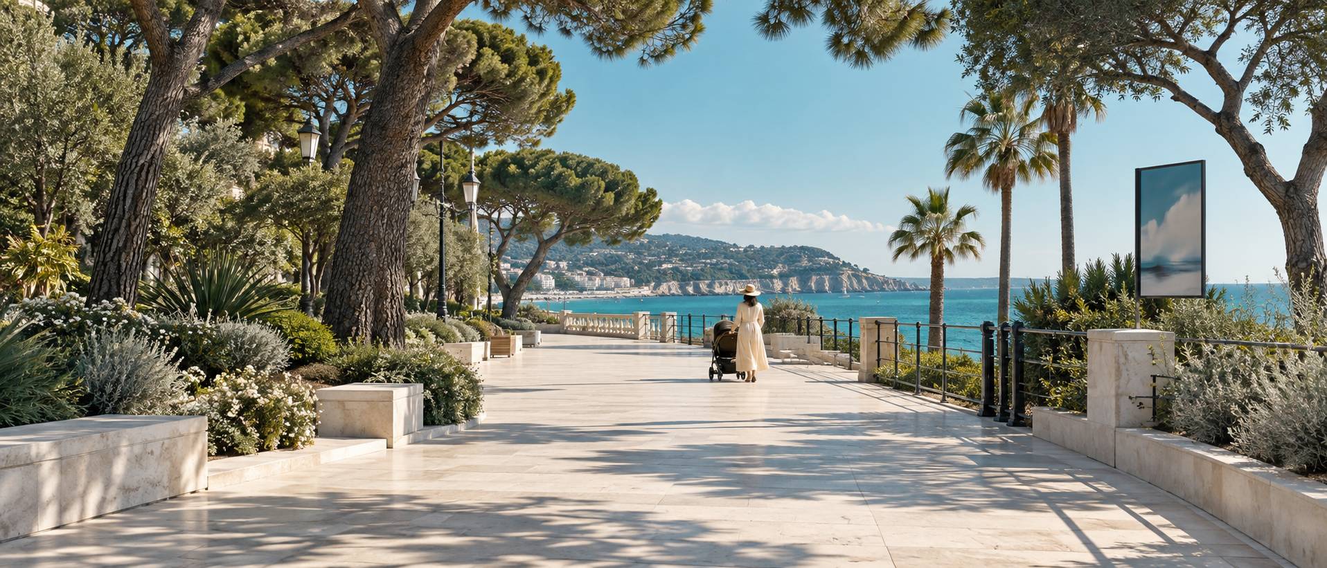 Illustration éditoriale du sujet : Balade en poussette à Nice : bord de mer et Coulée verte
