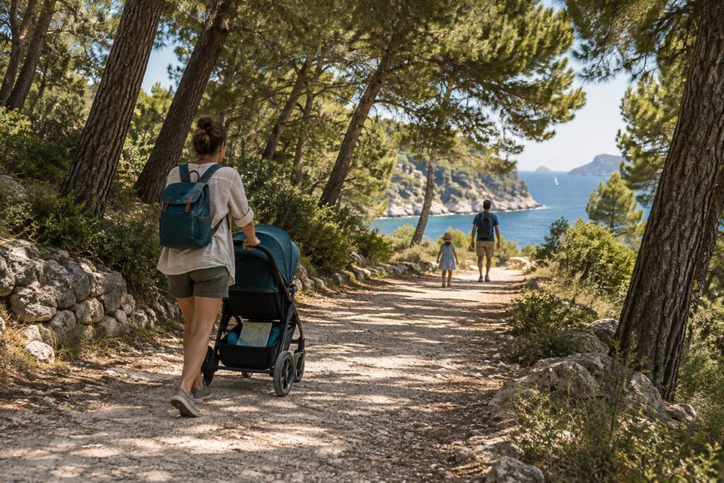 Illustration éditoriale du sujet : Balades en poussette à l'ombre : les itinéraires d'été