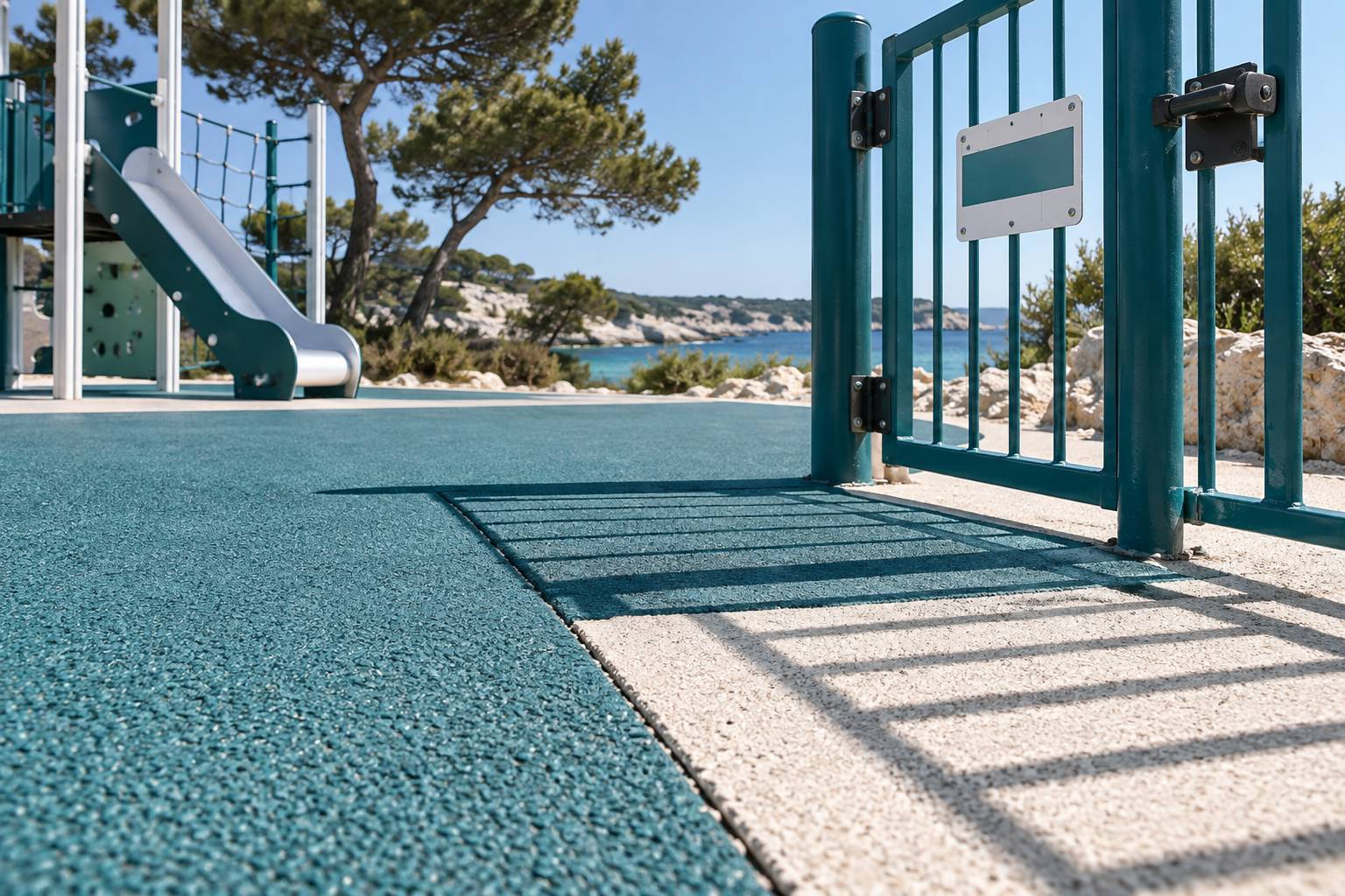 Détail du sol souple et du portillon d'une aire de jeux