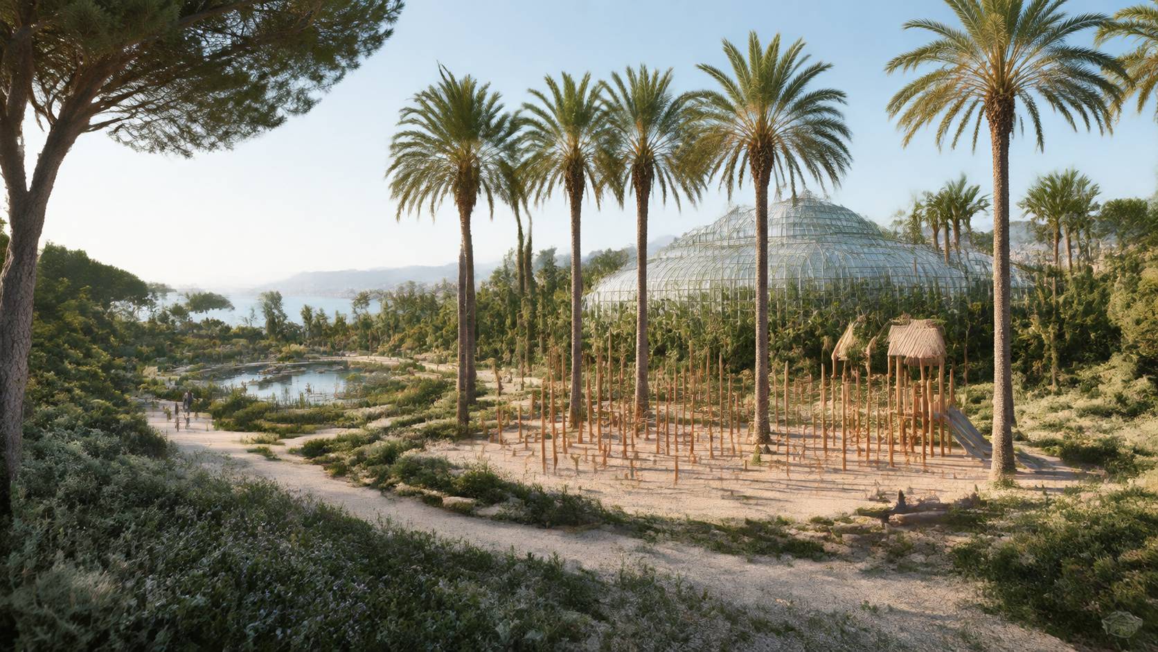 Parc urbain méditerranéen avec aire de jeux, palmiers et serre, accessible à pied depuis le tram