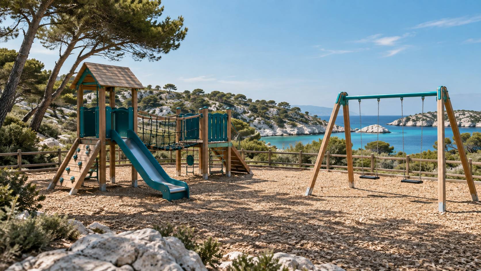 Aire de jeux pour enfants avec toboggan et balançoires dans un parc