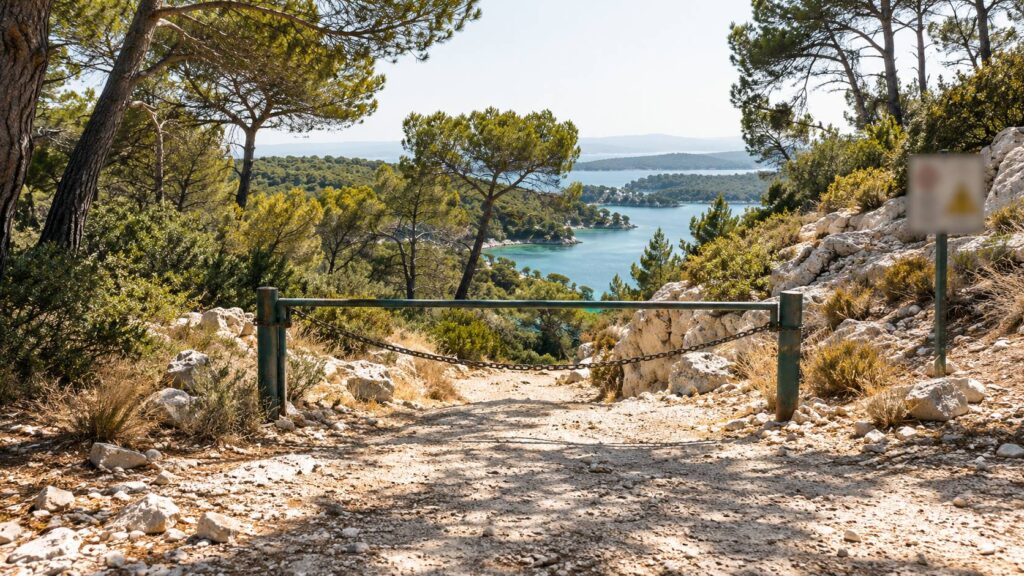 Entrée de parc forestier barrée par une chaîne sous des pins secs