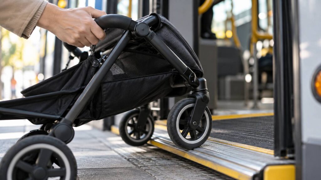 Illustration de détail sur le sujet : Poussette et transports : monter dans le tram et le bus à Nice