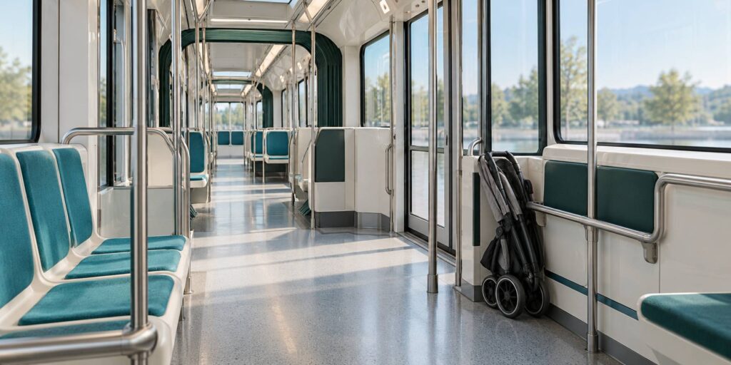 Intérieur de tramway clair avec une poussette pliée près d'une place réservée