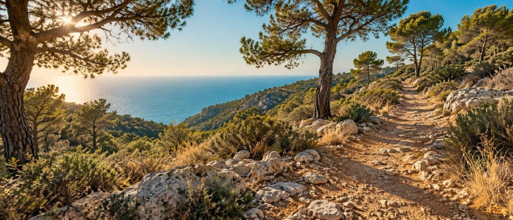 Sentier de colline mediterraneenne entre pins et garrigue avec echappee sur la mer