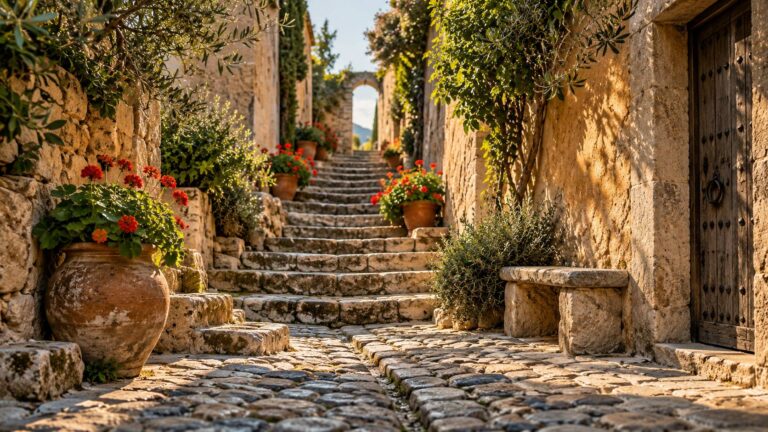 Jardins du château Grimaldi à Cagnes : l&rsquo;accès au village